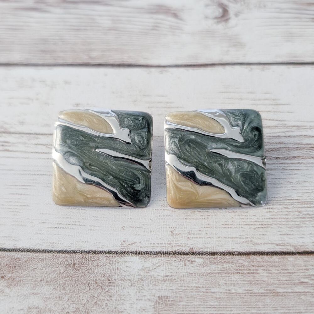 Vintage Stud Earrings Statement Green, Beige, Silver Tone Square 1"